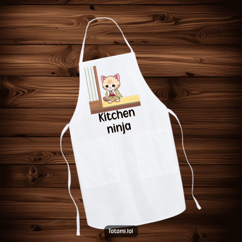 Funny kitten wearing a kimono on an apron, playfully batting a tatami mat, a humorous and charming kitchen accessory.