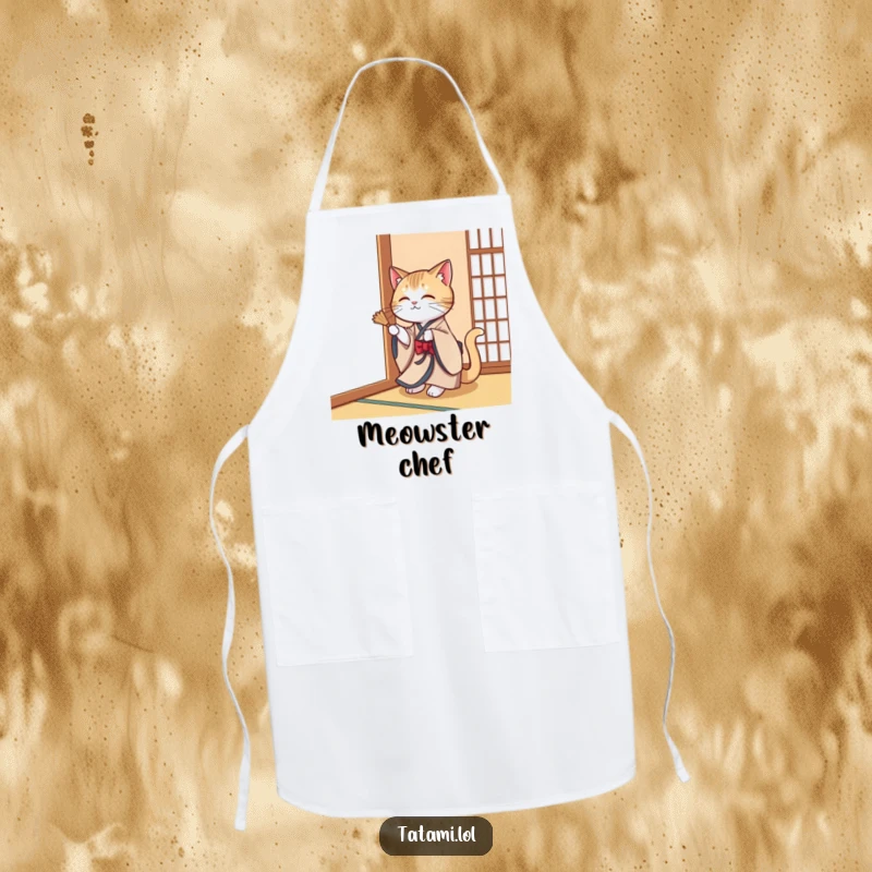 Funny cat wearing a kimono, playfully swatting a tatami mat corner, printed on a stylish kitchen apron.