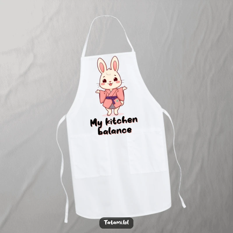 Funny Kimono Rabbit Apron: Cheerful rabbit in a kimono humorously balancing, perfect for a funny kitchen adventure.
