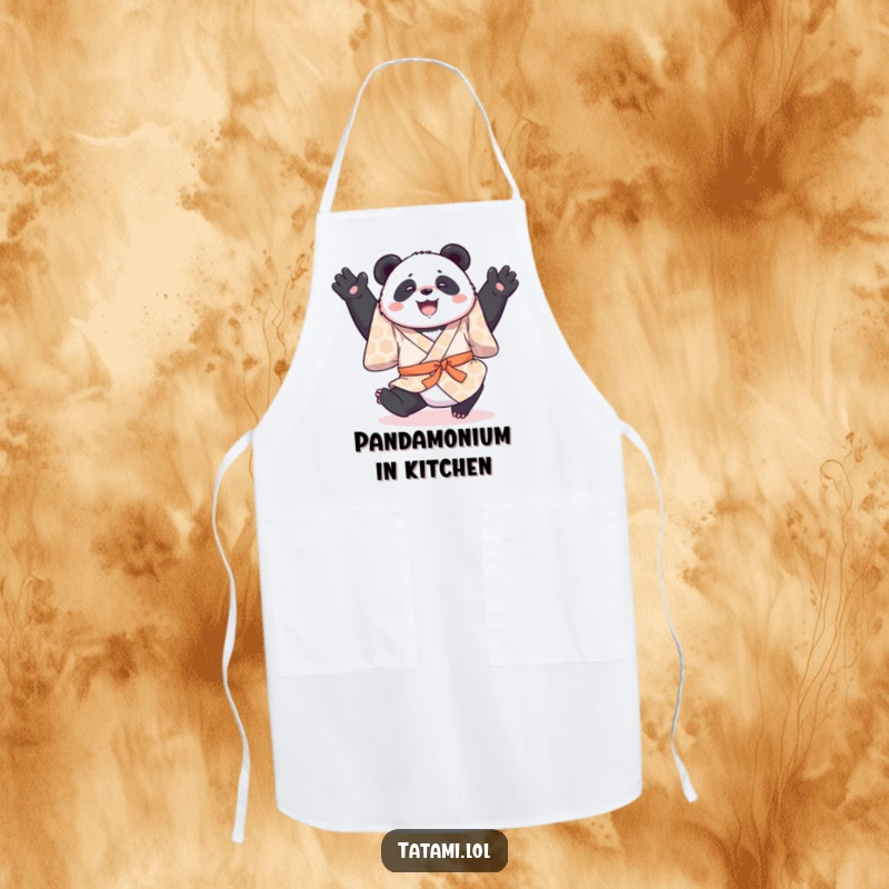 Funny apron with a joyful panda in a patterned kimono, mid-somersault, blending kitchen utility with adorable fun.