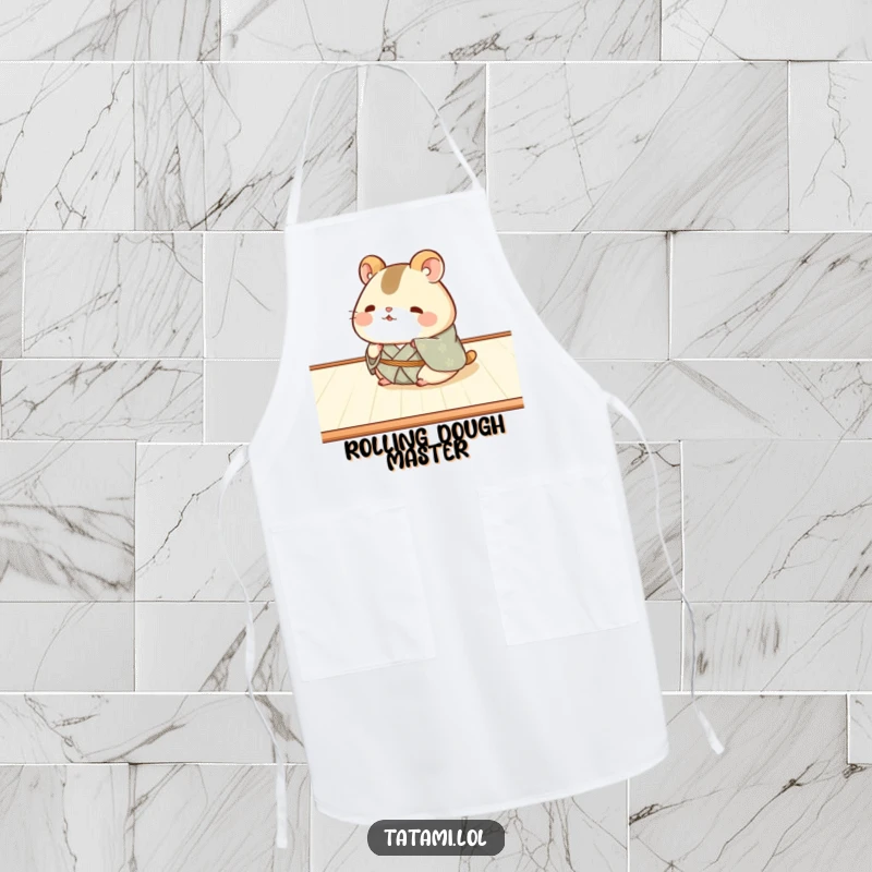 Funny Hamster Kimono Apron: Chubby hamster in a kimono humorously rolling, perfect for a funny cooking experience.