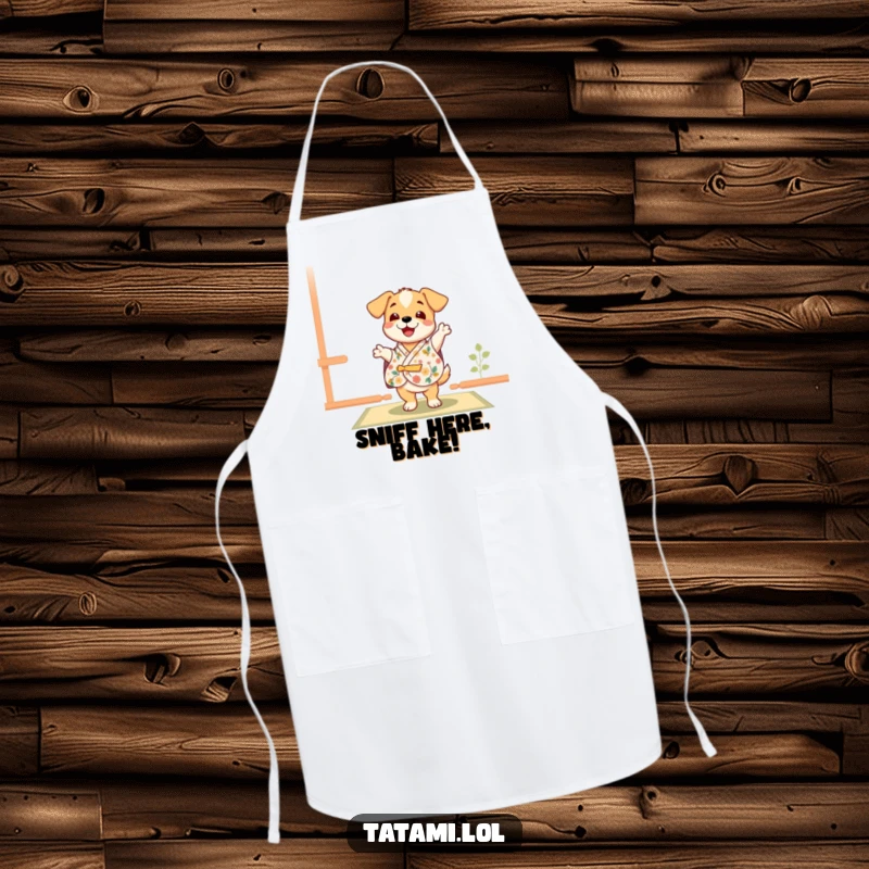 Funny puppy in a floral kimono, joyfully dancing while cooking, a cute and functional apron for bakers.
