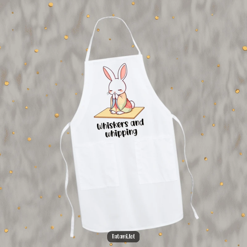 Funny rabbit wearing a kimono, gracefully bowing on a tatami mat, printed on a stylish kitchen apron.