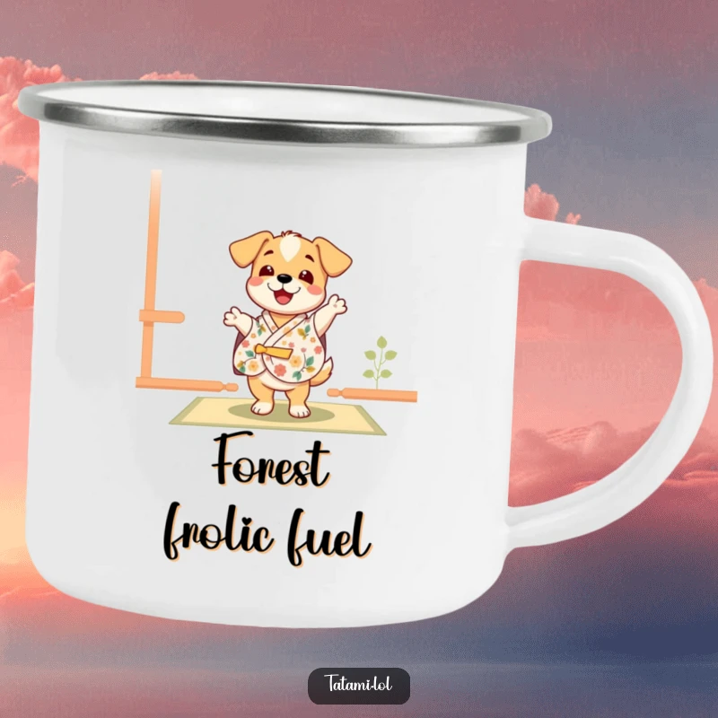 Funny puppy in a floral kimono, dancing on a tatami mat, a durable and cheerful camping mug.