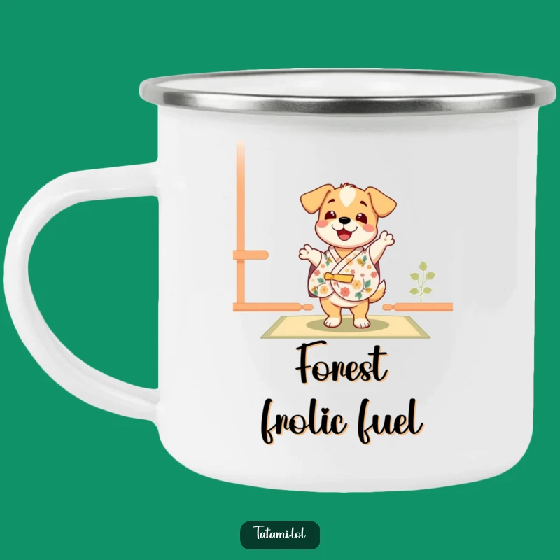Funny Puppy Kimono Camping Mug: Happy Dance Adventure Gift