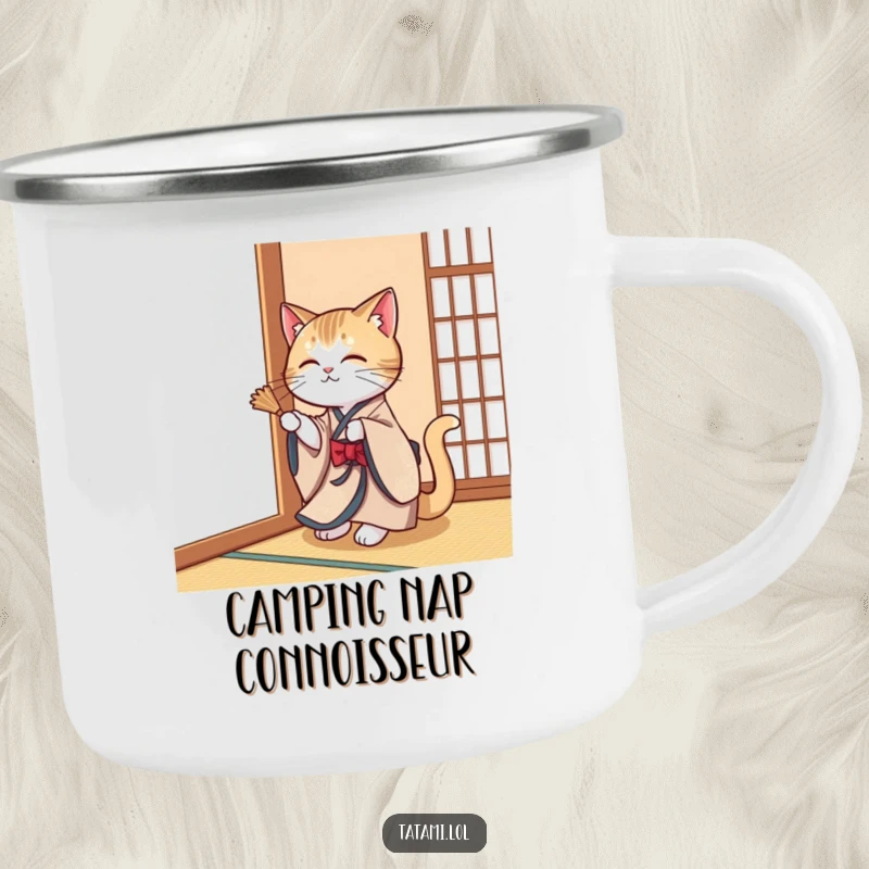 Elegant cat in a kimono playfully swatting a tatami mat corner, printed on a durable enamel camping mug.