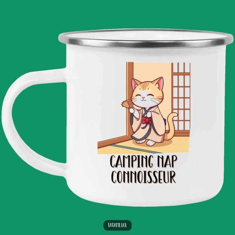 Funny Cat Kimono Camping Mug: Elegant Enamel Cup for Playful Adventures
