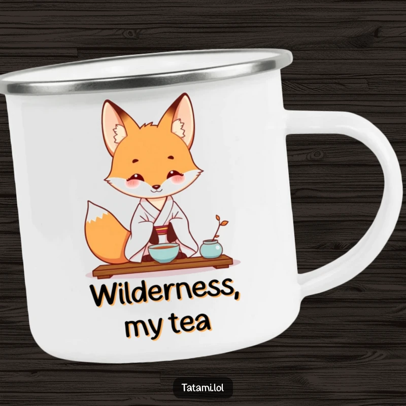 Funny camping mug featuring a fox in a kimono, enjoying a tea ceremony in the great outdoors, adding humor.