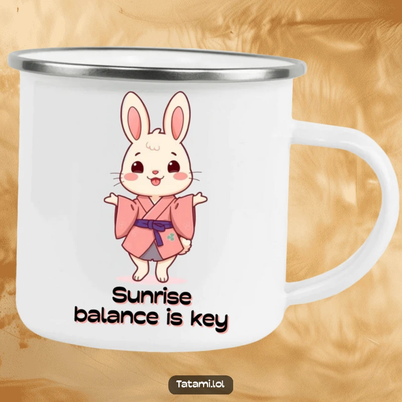 Funny Kimono Rabbit Camping Mug: Cheerful rabbit in a kimono humorously balancing, ideal for funny outdoor adventures.
