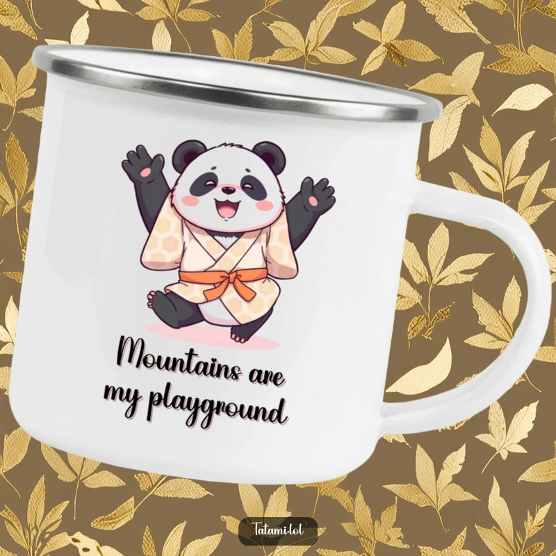 Funny camping mug with a joyful panda in a patterned kimono, mid-somersault, ready for outdoor adventures.