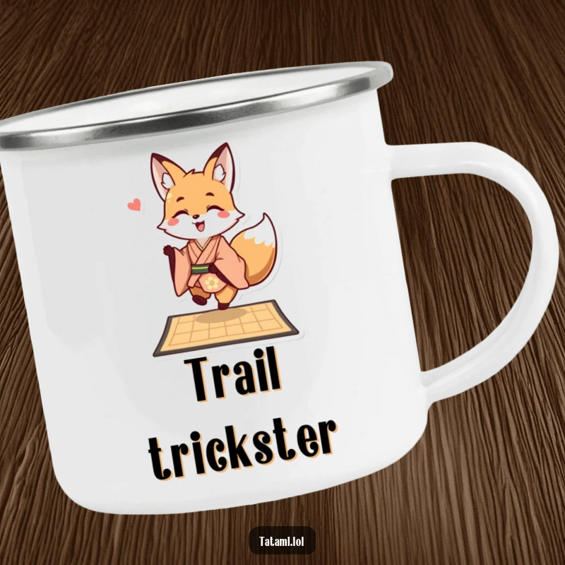 Funny fox wearing a kimono on a camping mug, playfully hopping onto a mat, ready for adventures.