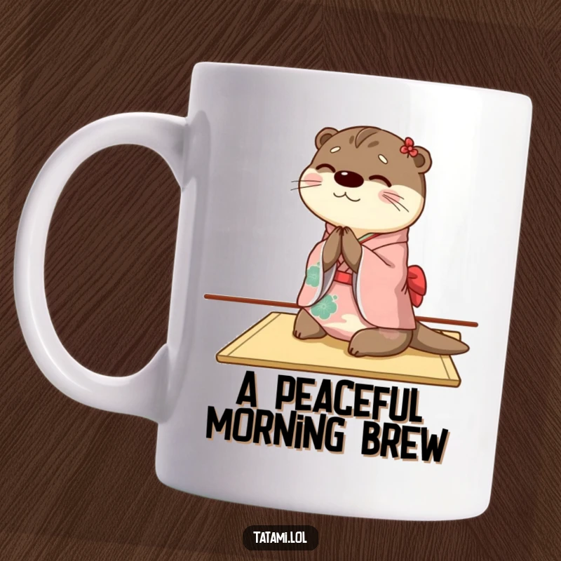 Funny otter mug featuring a happy character in a colorful kimono bowing gracefully on a tatami mat, exuding charm.