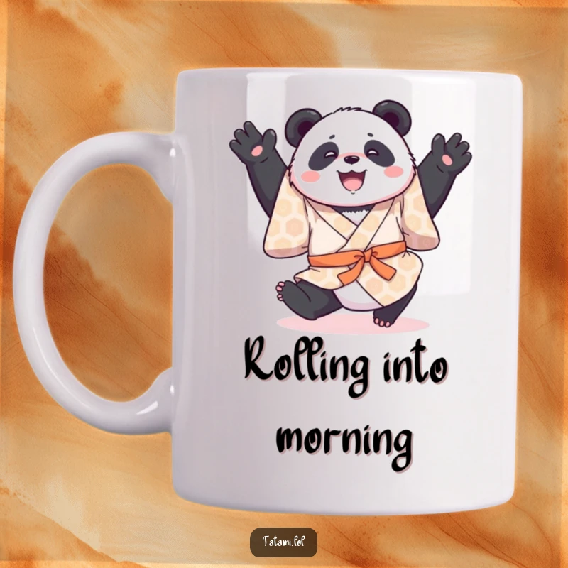 Funny mug featuring a joyful panda in a patterned kimono, performing a gentle somersault with energetic charm.