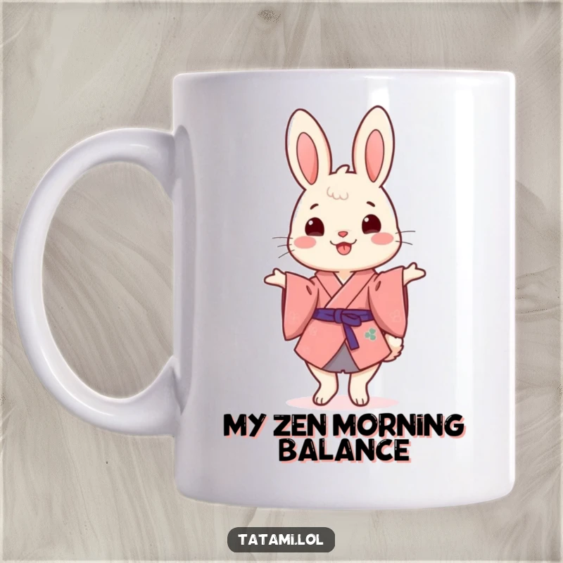 Funny Kimono Rabbit Mug: Cheerful character balancing gracefully on hind legs, wearing a traditional kimono, radiating pure joy and humor.