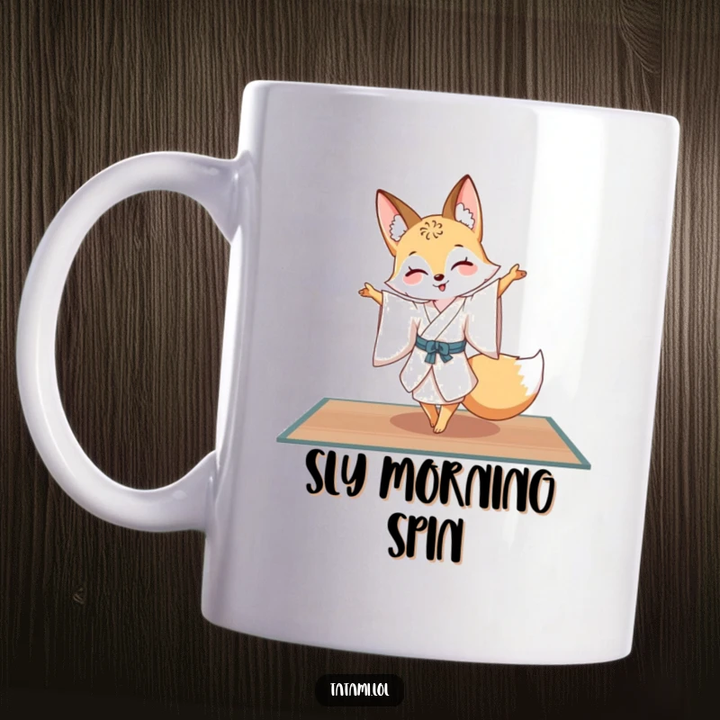 Funny fox in a silk kimono, gracefully pirouetting on a tatami mat, a charming piece for art lovers and tea drinkers.