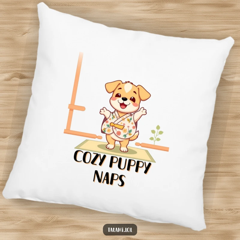 Funny delighted puppy in a floral kimono, doing a happy dance on a tatami mat, a cute decorative pillow.