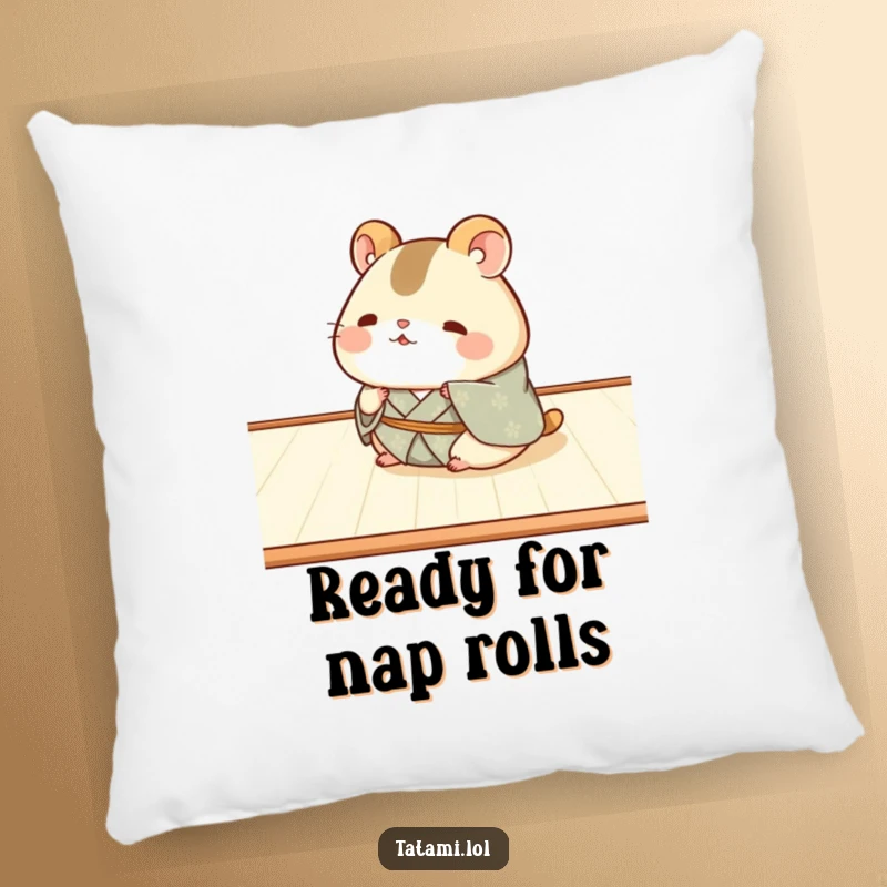 Funny Hamster Kimono Pillow: A chubby hamster wearing a kimono, humorously rolling on tatami, a soft and funny addition.