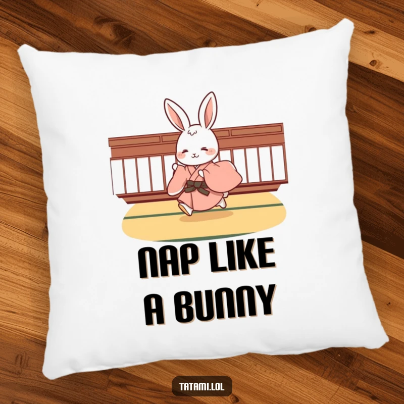 Funny depicted rabbit character wearing a kimono, mid-hop on a soft tatami mat, providing a cute and cozy decorative accent.