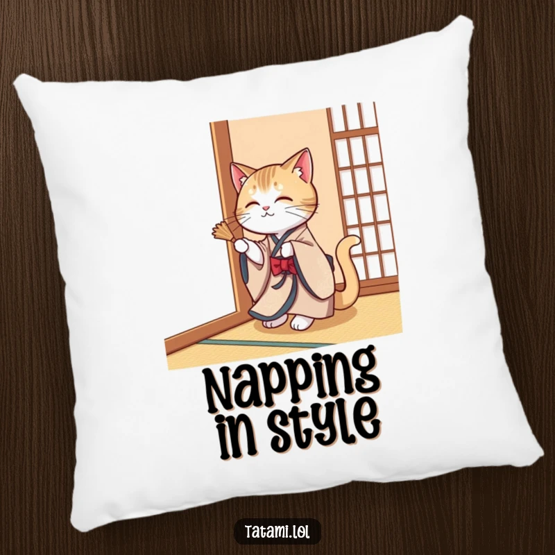 A soft pillow featuring a funny cat in an elegant kimono, playfully swatting a tatami mat corner.