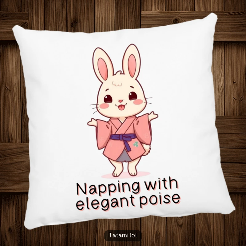 Funny Kimono Rabbit Pillow: A cheerful rabbit wearing a kimono, humorously balancing on hind legs, a soft and funny decor.