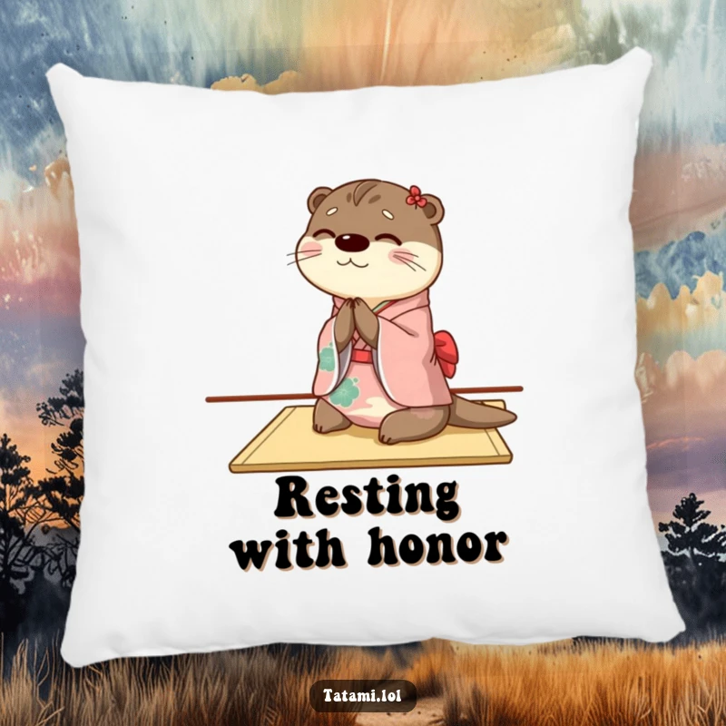 Funny otter pillow showing a happy character in a kimono bowing, perfect for adding cozy Japanese-inspired humor.
