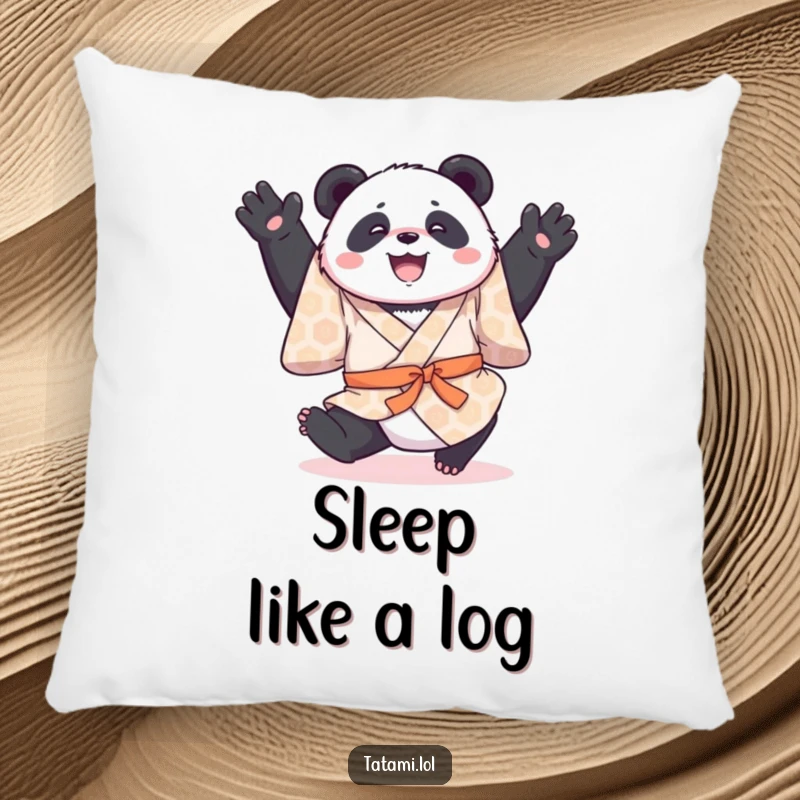 Funny pillow with a joyful panda in a patterned kimono, mid-somersault, offering plush comfort and playful charm.