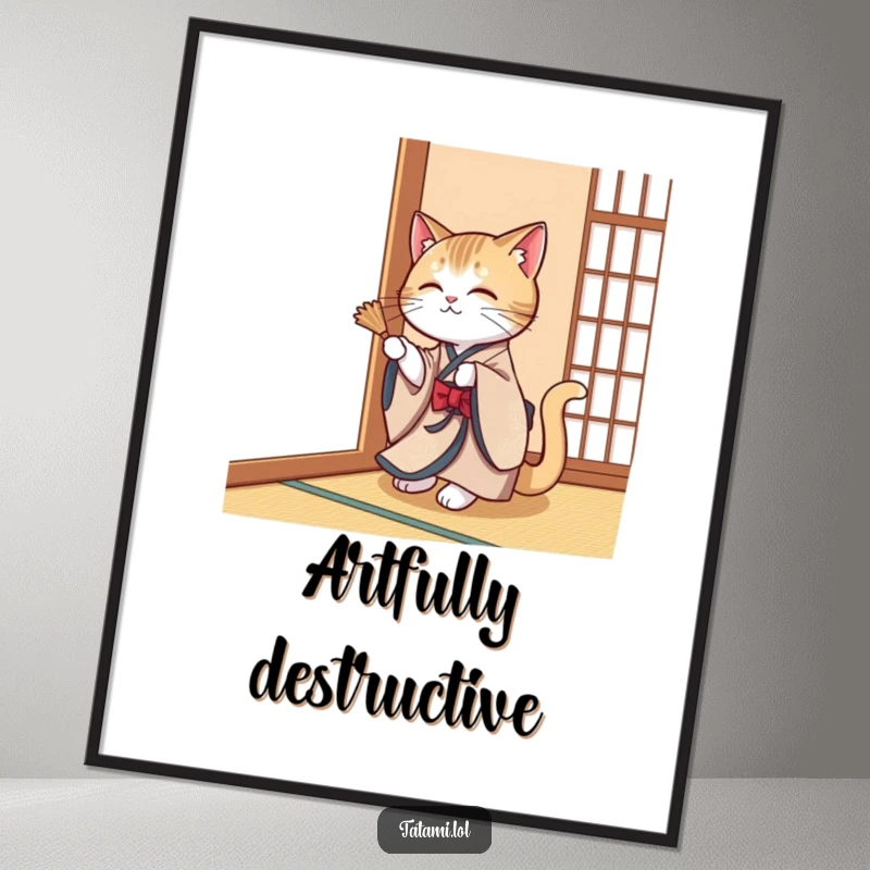 Funny cat in an elegant kimono, playfully swatting a tatami mat corner, as a downloadable digital art print.