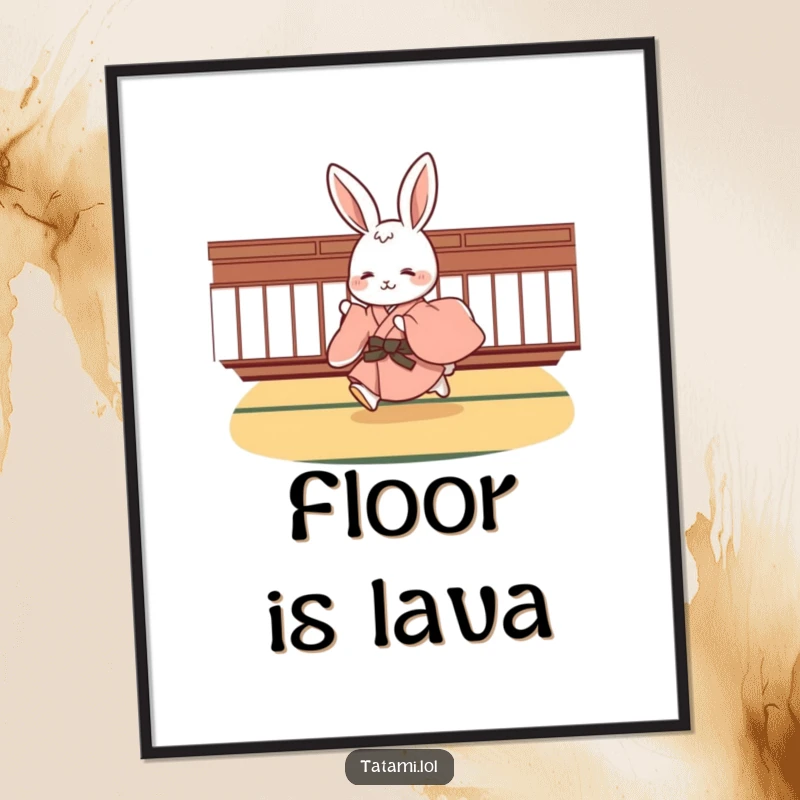 Funny rabbit in a flowing kimono, captured mid-hop on a tatami floor, a high-quality digital art print for whimsical decor.