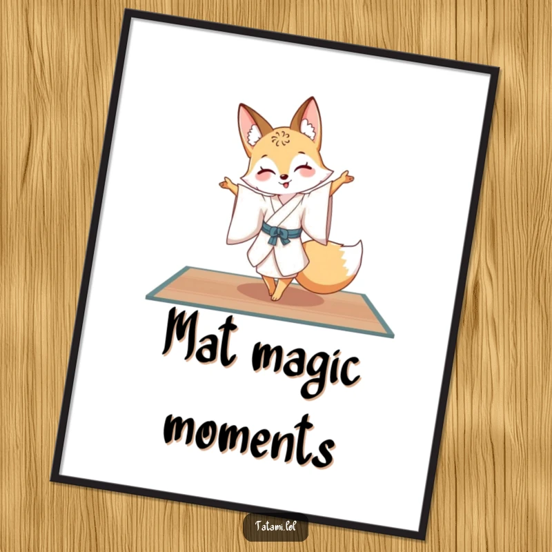 Funny fox character in a silk kimono, in a graceful pirouette pose on a tatami mat, high-quality digital art for decor.