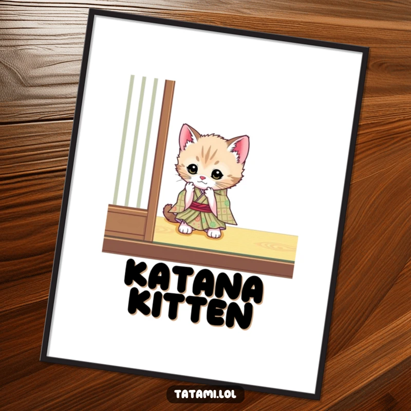 Funny cute kitten in a kimono on a digital art print, playfully batting a tatami mat, instantly adorable decor.