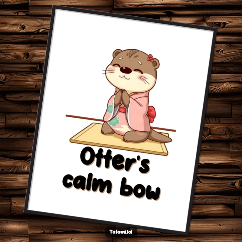 Funny otter digital art print showing a happy character in a kimono bowing gracefully, perfect for adding elegance and humor.