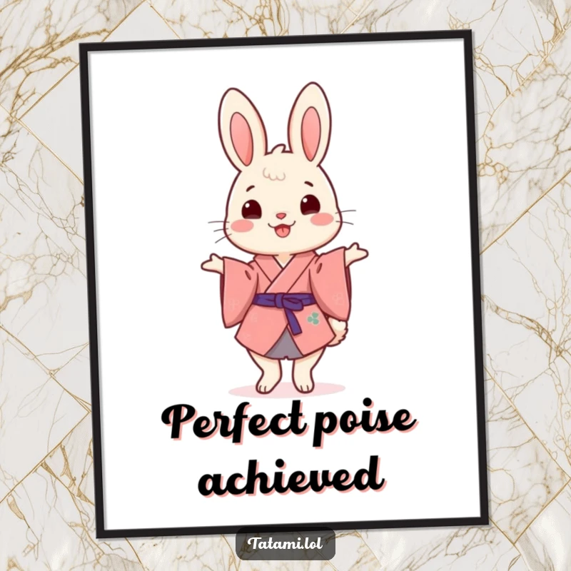Funny Kimono Rabbit Digital Art Print: Cheerful rabbit in a kimono humorously balancing, ready to bring funny vibes.