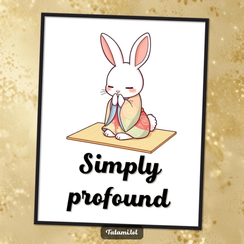 Funny rabbit in a colorful kimono, gracefully bowing on a tatami mat, as a downloadable digital art print.