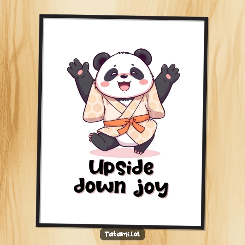 Funny digital art print of a joyful panda in a patterned kimono, mid-somersault, perfect for wall decor.