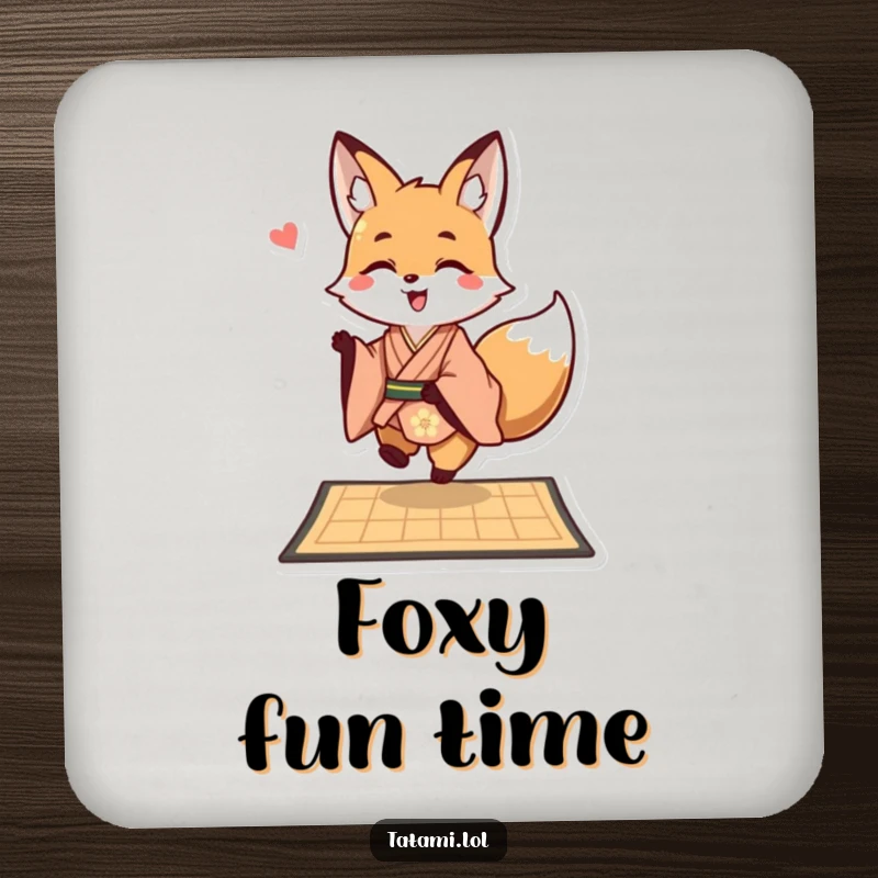 Funny fox in a kimono on a drink coaster, playfully hopping onto a mat, decorative and functional.