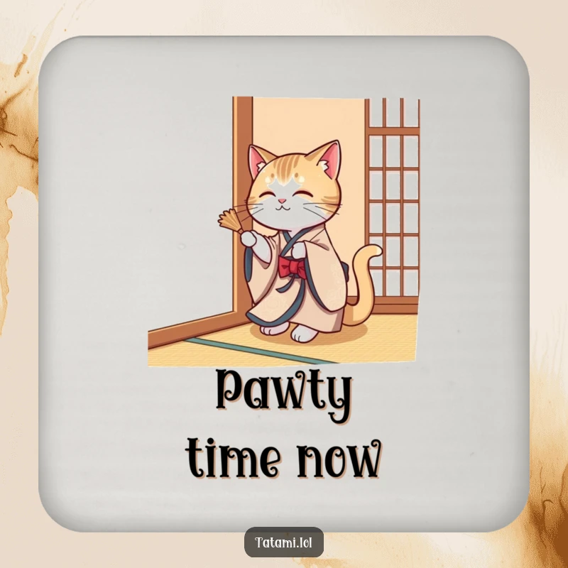 Funny cat wearing a kimono, playfully swatting a tatami mat corner, on a drink coaster.