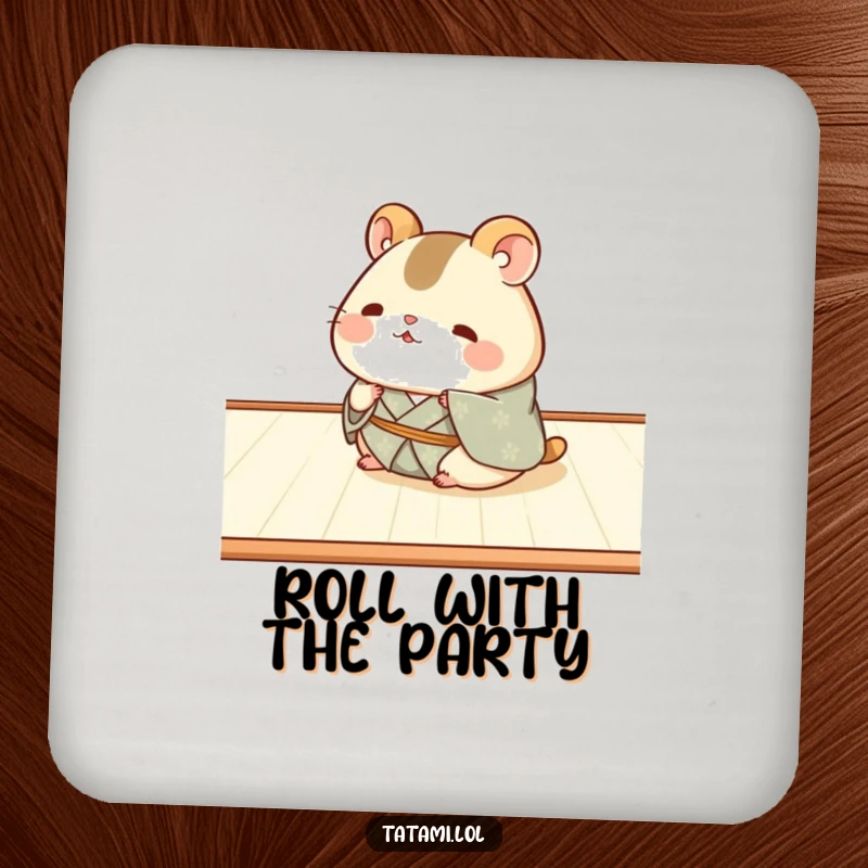 Funny Hamster Kimono Coaster: Chubby hamster in a kimono humorously rolling, adding funny protection to surfaces.