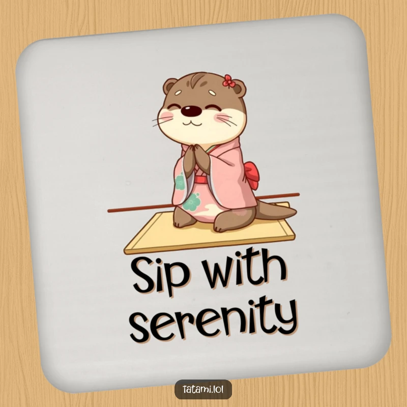 Funny otter drink coaster featuring the character in a kimono bowing gracefully, adding elegant humor to surfaces.