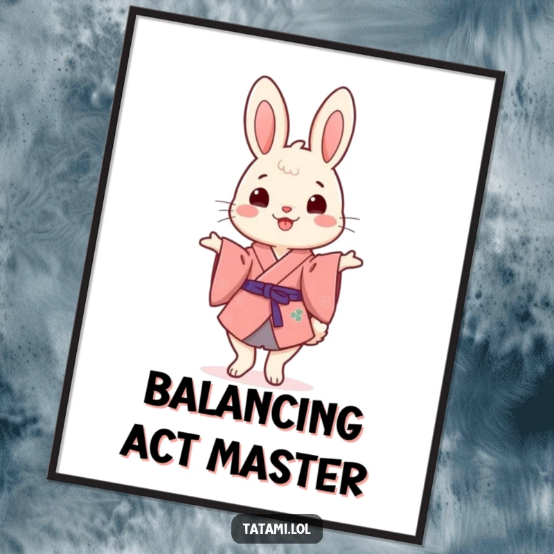 Funny Kimono Rabbit Poster: Cheerful rabbit in a kimono humorously balancing on hind legs, adding a touch of funny art.