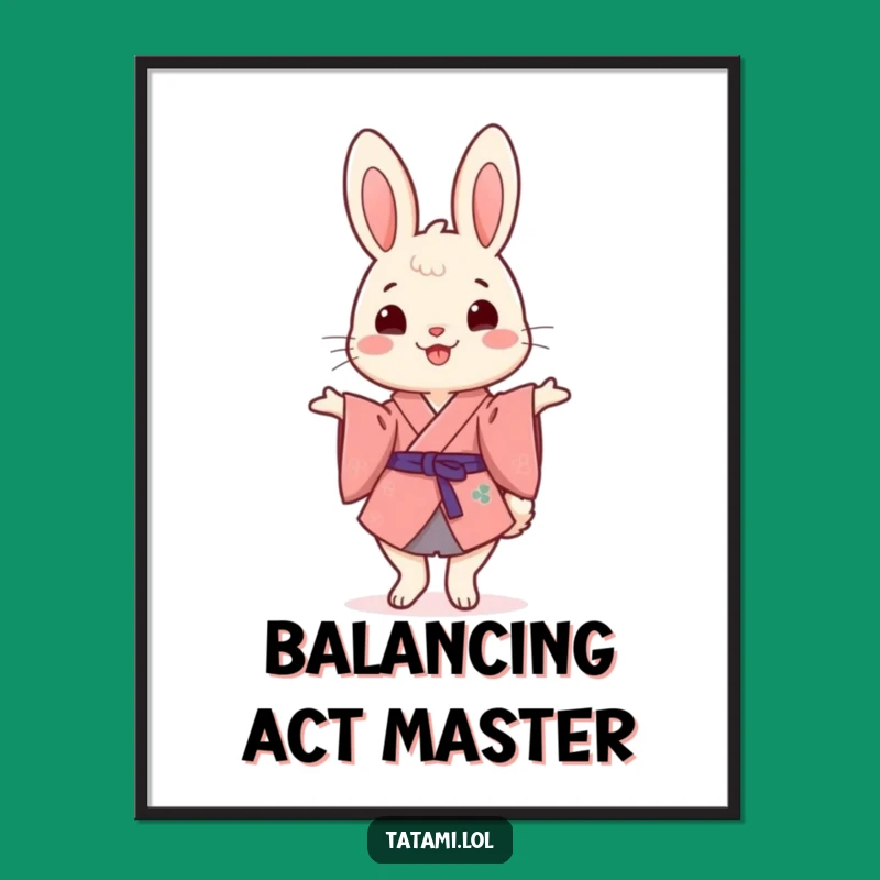 Funny Kimono Rabbit Poster: Cheerful Balancing Art for a Humorous Wall Statement
