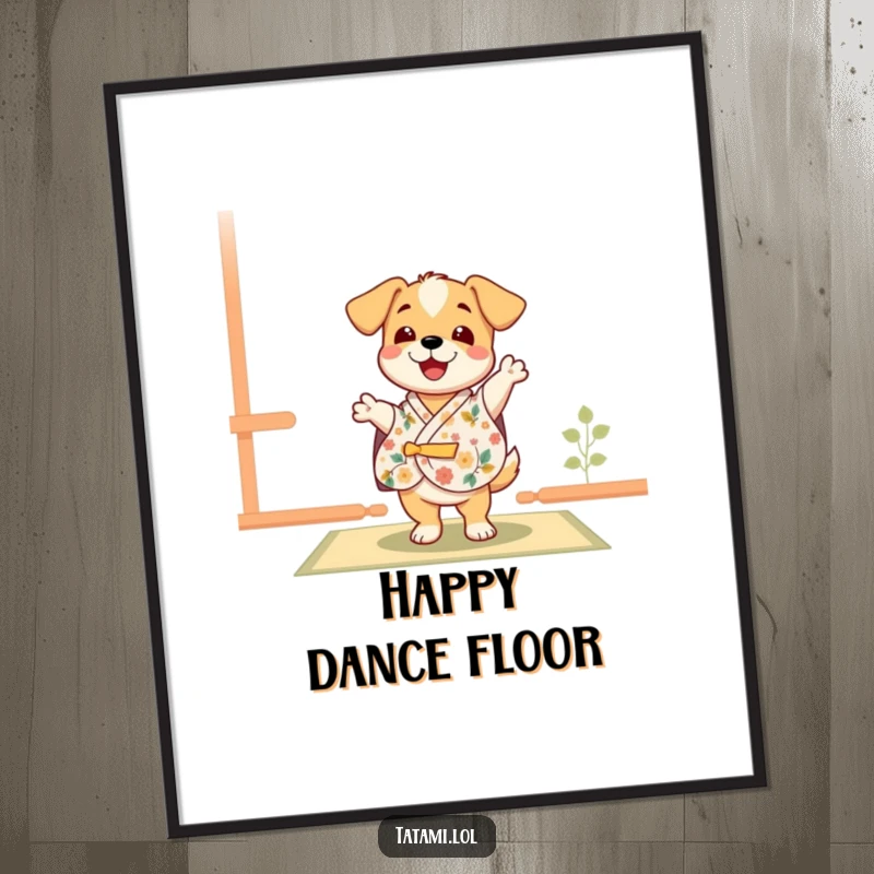 Funny puppy character in a floral kimono, joyfully dancing on a tatami mat, vibrant wall art for pet lovers.