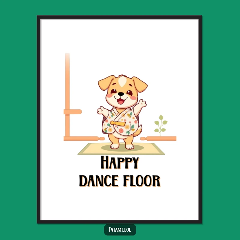 Funny Puppy Kimono Poster: Happy Dance Character Art Print Gift