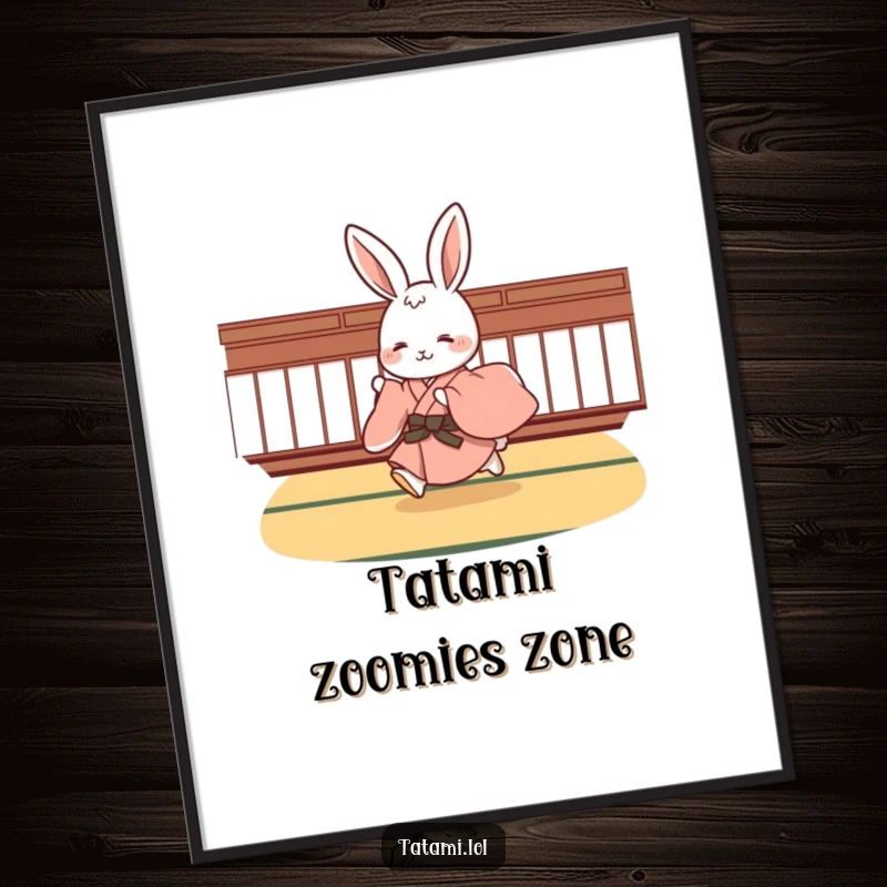 Funny cute rabbit character in a flowing kimono, joyfully hopping across a tatami floor, adding a touch of whimsy to any room.