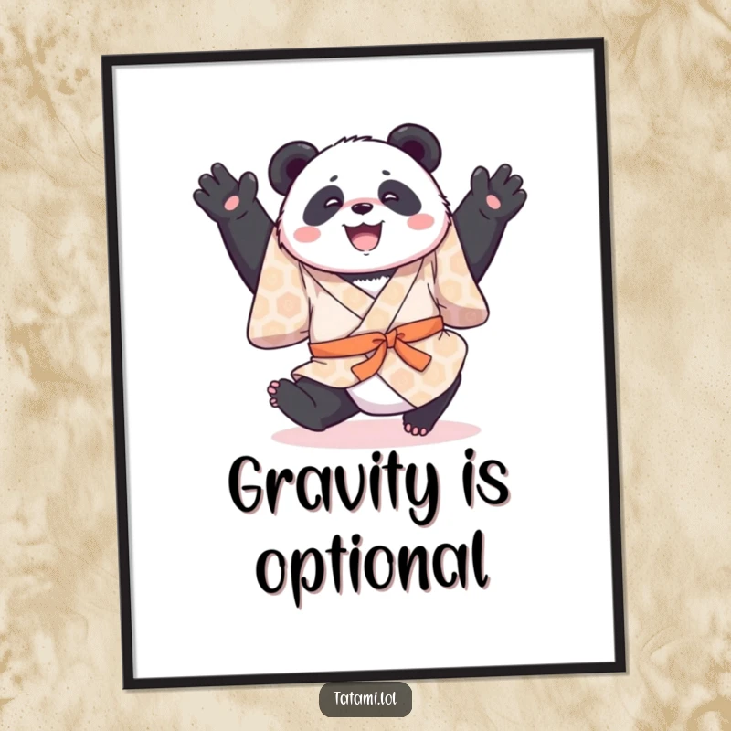 Funny poster of a joyful panda in a patterned kimono, mid-somersault, adding a dynamic and humorous touch to decor.