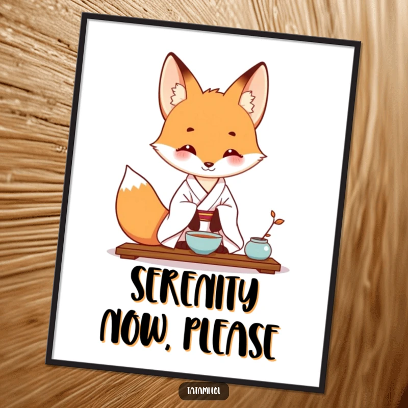 Funny poster of a fox in a kimono, gracefully posing for a tea ceremony, adding artistic humor to any room.