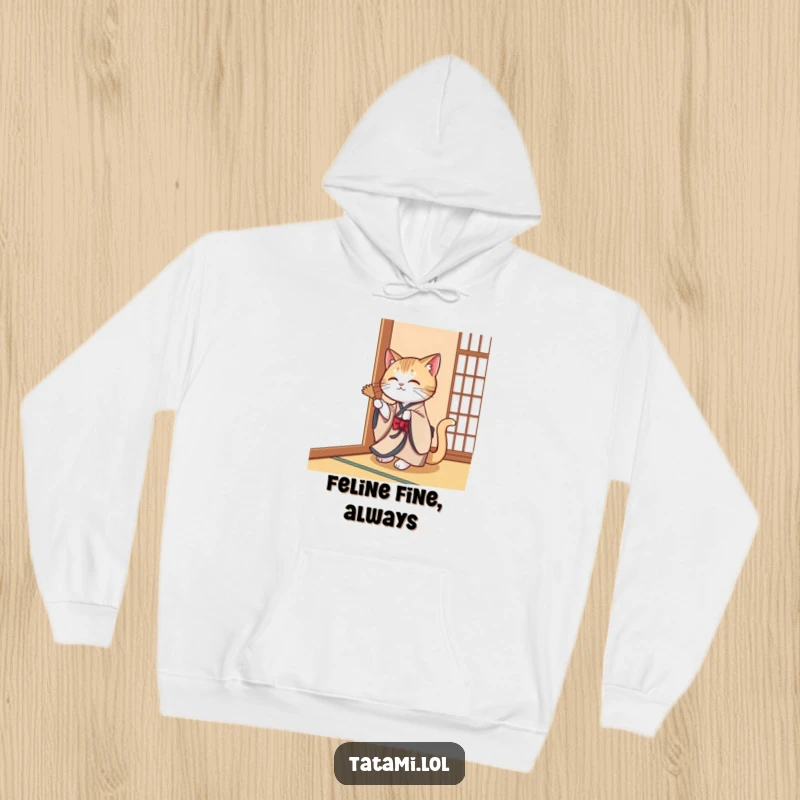 An elegant cat in a kimono playfully swatting a tatami mat corner, featured on a cozy hoodie.