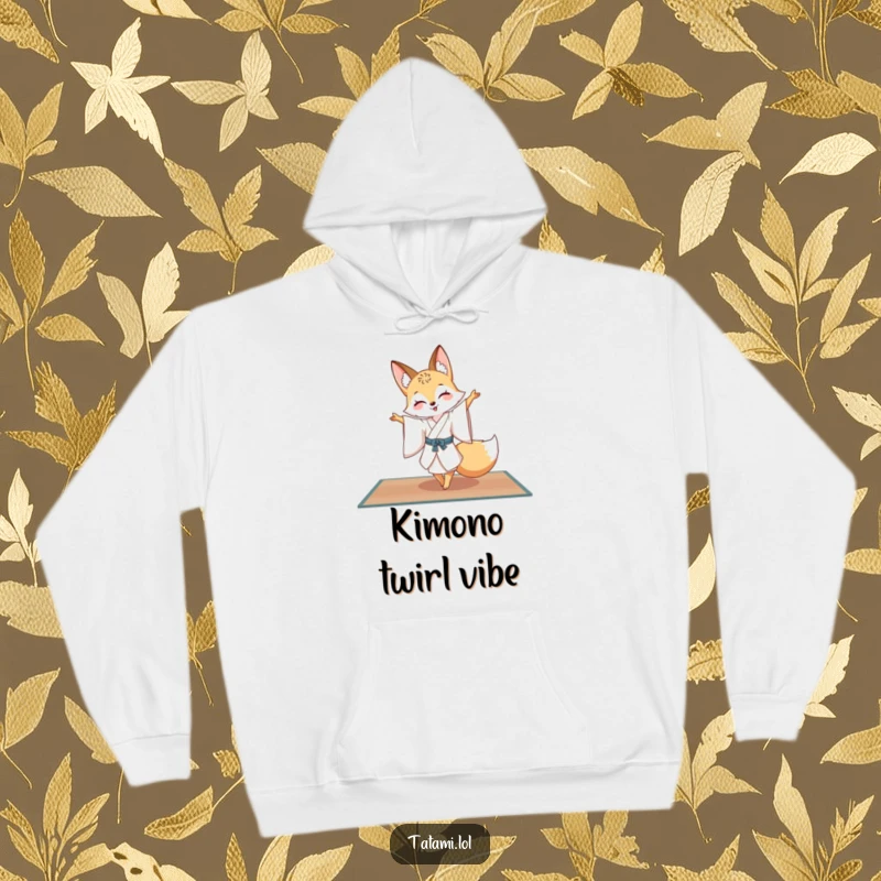 Funny fox performing a ballet pirouette in a silk kimono on a tatami floor, a cozy and artistic hoodie.