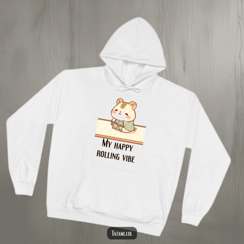 Funny Hamster Kimono Hoodie: A chubby hamster wearing a kimono, humorously rolling across tatami, offering warm, funny comfort.