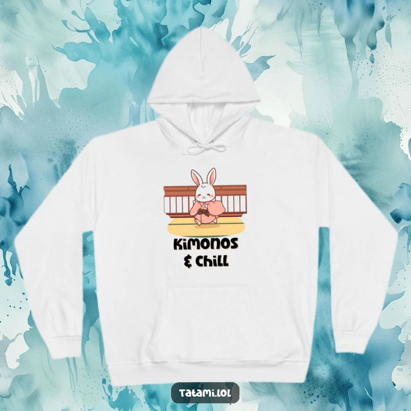 Funny rabbit in a silken kimono, captured mid-hop on a tatami mat, showcasing a cute and cuddly gift for any occasion.