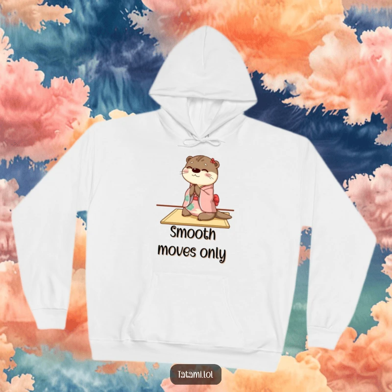 Funny otter hoodie showing a happy character in a kimono bowing gracefully, offering warmth and cultural humor.